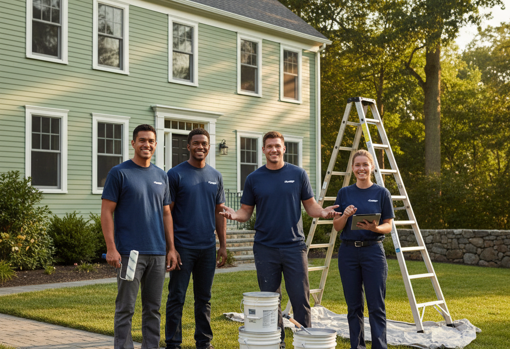 AWA Painting and Company crew in front of a freshly painted Maine home